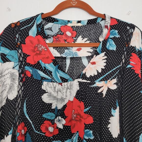 Oddy long sleeve micro dot split neck tunic top size 3XL multicolor floral boho - Picture 2 of 10